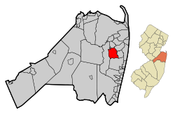 Map of Eatontown in Monmouth County. Inset: Location of Monmouth County highlighted in the State of New Jersey.