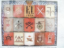 Coats of arms of guilds in a town in the Czech Republic displaying symbols of various European medieval trades and crafts N.S. cechy.JPG