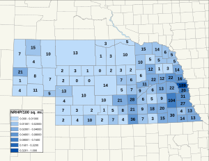 Distribuição de NRHPs nos condados do Nebraska.