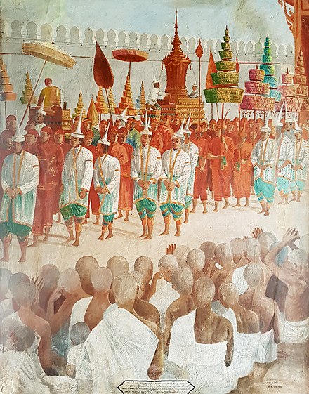 Royal funeral ceremony of King Naresuan, mural from Wat Suwan Dararam, Ayutthaya, Thailand.