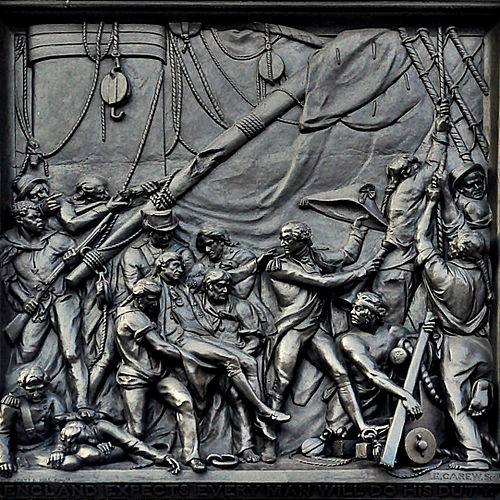 Nelson's Column – Death of Nelson at Trafalgar panel, with George Ryan standing on the left-hand edge, holding a rifle