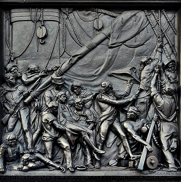 Nelson's Column – Death of Nelson at Trafalgar panel, with George Ryan standing on the left-hand edge, holding a rifle