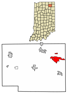 Noble County Indiana Incorporated and Unincorporated areas Kendallville Highlighted 1839402.svg