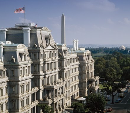 Eisenhower Executive Office Building, which includes the offices of most presidential personnel, was once the world's largest office building and is designed in the French Second Empire style.
