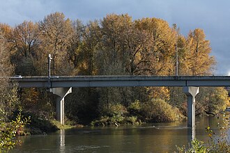 The Oregon Route 34 bridge across the Willamette River at Corvallis is a mid-valley highway crossing. Oregon Route 34 1717.JPG