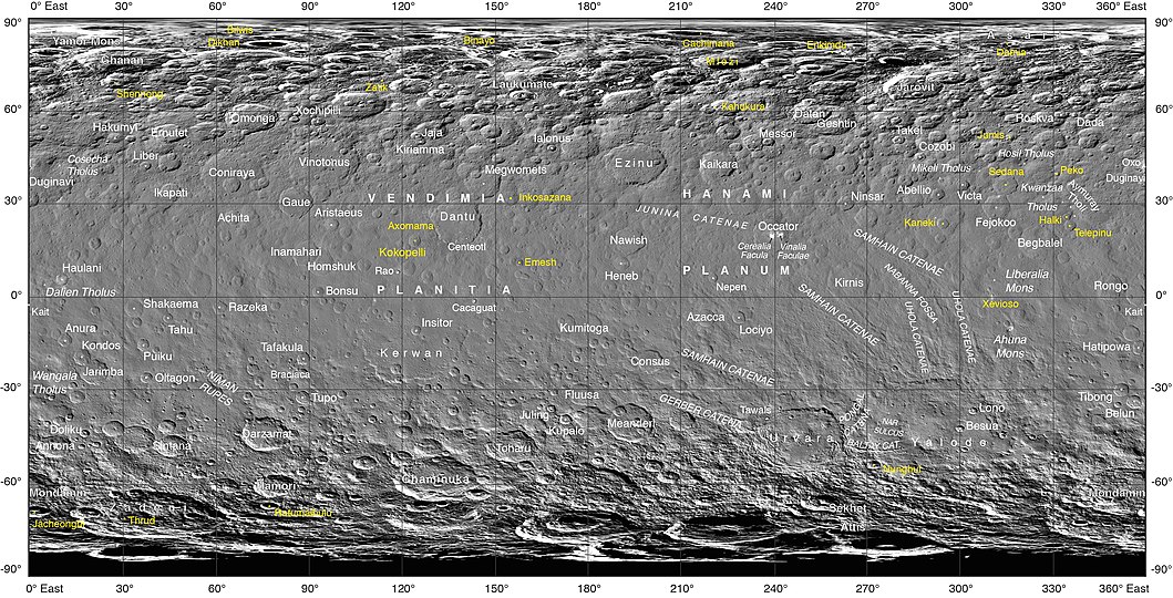 Black-and-white photographic map of Ceres, centred on 180° longitude, with official nomenclature (September 2017)