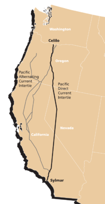 Map of the route of the Pacific Intertie transmission route and stations Pacific intertie geographic map.png