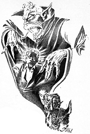 A devilish monster looms over a distressed man, with a man, wolf, and wolf-man in the bottom corner