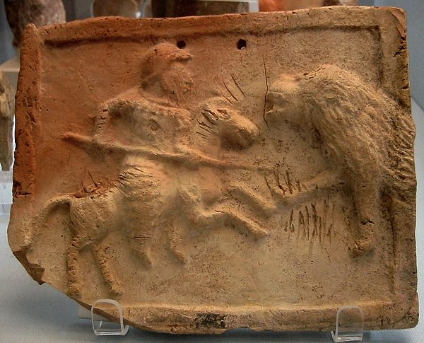 Relief of a Parthian cataphract attacking a lion using kontos