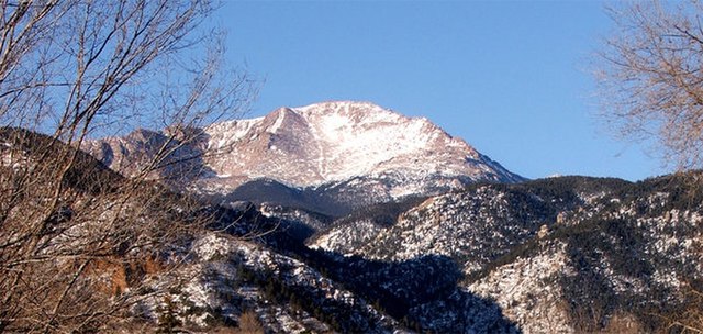 Pike's Peak as seen from within Manitou Springs, Colorado.