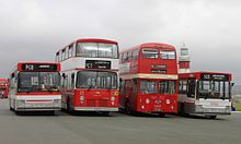 Preserved Volvo B6, Volvo Citybus, Leyland Atlantean & Dennis Dart at Plymouth Hoe in July 2013 Plymouth Hoe - 53 (M53HOD), 176 (B176VDV), 137 (TCO537) and 105 (K105SFJ).jpg