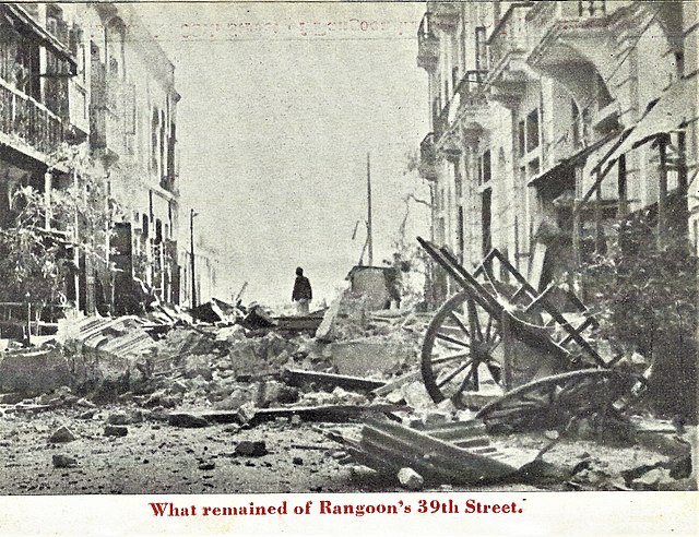 View of bomb damage in Rangoon after the Japanese aerial attack in December 1941