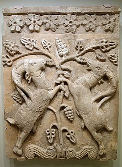 Iranian relief plaque with confronted ibexes; 5th or 6th century AD (the Sasanian period); stucco originally with polychrome painting; Cincinnati Art Museum (Cincinnati, USA)