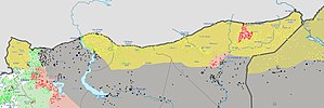 Территории, контролируемые YPG, ИГИЛ, САВС и ССА с конца июня 2015.