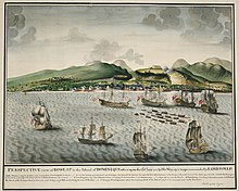 Dublin the flagship of Andrew Rollo, 5th Lord Rollo at Roseau, Dominica on 6 June 1761 Roseau, 1761 RCIN 733032.b.jpg