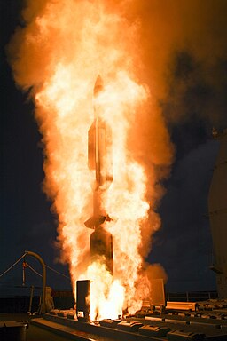A RIM-156A (VLS version of the RIM-67) launching from a VLS cell on USS Lake Erie in 2008.