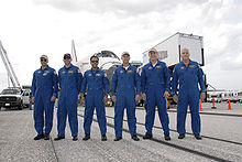 Members of the STS-119 crew pose after landing. L-R: Commander Lee Archambault, Pilot Tony Antonelli and Mission Specialists Joseph Acaba, Steve Swanson, Richard Arnold and John Phillips. STS-119 crew after landing.jpg