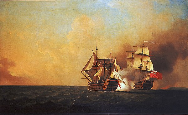 Samuel Scott's Action between HMS Nottingham and the Mars. Le Mars was returning to France after the failed Duc d'Anville Expedition, 11 October 1746 