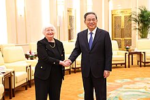 Yellen meet Premier Li Qiang Secretary Yellen met with PRC Premier Li Qiang at the Great Hall of the People in 2023 (2).jpg