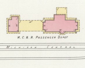 Passenger Depot, Michigan Central Railroad in 1908 Sanborn Fire Insurance map September 1908 Passenger Depot, Michigan Central Railroad - Sanborn Fire Insurance Map from Dowagiac, Cass County, Michigan. LOC sanborn03988 004-6 (cropped).tif