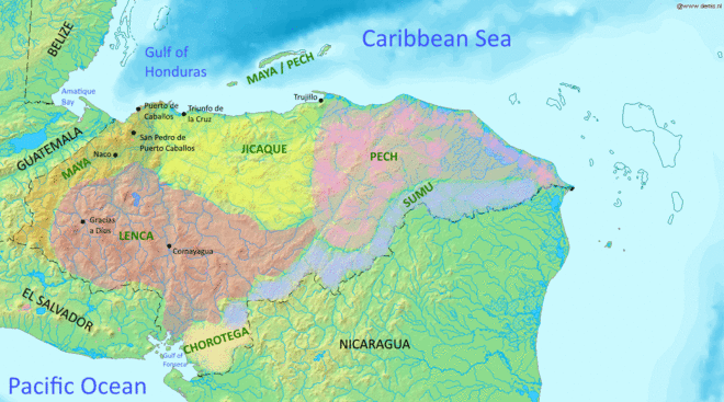 Map of approximate extent of indigenous ethnic groups in 16th-century Honduras