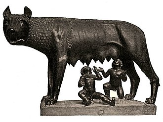 Romulus and his brother, Remus, with the she-wolf. Romulus is credited with creating the patrician class. She-wolf suckles Romulus and Remus.jpg