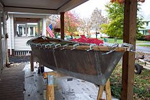 A sheet plywood sailboat during construction Sheet plywood boat under construction.jpg