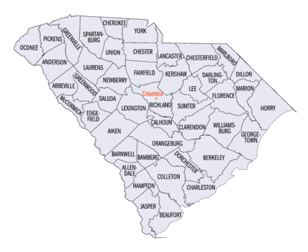 An enlargeable map of the 46 counties of the state of South Carolina