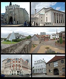 Montage of Southampton. Clockwise from top-left: Bargate; Guilldhall; Top of west walls; Wool house and custom house; Southwestern house
