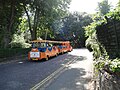 The rear of Southern Vectis 609 Beatrice (M712 LJT), a Land Rover 90 engine/Road Runner body, road train owned by the Isle of Wight Council, in Chine Avenue, Shanklin, Isle of Wight operating the Shanklin Road Train service, due to be withdrawn by the end of Summer 2010.