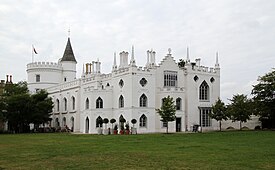 Strawberry Hill House, Twickenham, London; 1749 by Horace Walpole (1717-1797). "The seminal house of the Gothic Revival in England", it established the "Strawberry Hill Gothic" style Strawberry Hill House 4 (29886640996).jpg