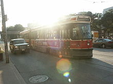 A TTC streetcar is left stranded after the city lost power in the Northeast blackout of 2003. Streetcar Toronto 2003 Blackout.jpg