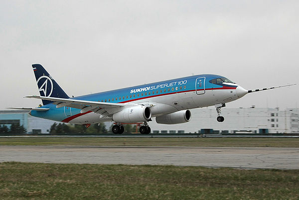 Test flight of a Sukhoi Superjet 100 prototype in Komsomolsk-on-Amur