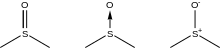 Verschiedene gebräuchliche Darstellungen der S,O-Bindung in Sulfoxiden: Doppelbindung, koordinative Bindung, Einfachbindung mit Formalladung.