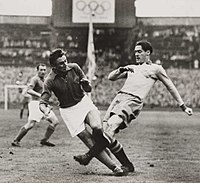 Miroslav Brozovic, pictured representing Yugoslavia at the 1948 Olympics, was named player-coach of Sarajevo in September of the same year. Sweden and Yugoslavia in Football final at the Olympic Games, London, 1948.jpg