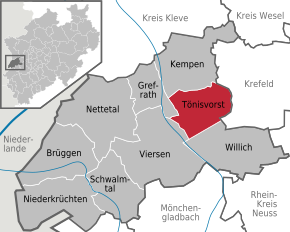 Poziția orașului Tönisvorst pe harta districtului Viersen