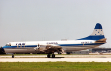 A Transportes Aéreos Nacionales Lockheed L-188AF Electra at Miami International Airport in 1989.