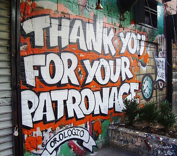 A "Thank you for your patronage" message (in the sense "Thank you for being our customer") from Orologio Restaurant in the Alphabet City area of the E