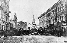A barricade erected by revolutionaries in Moscow during Moscow uprising of 1905 The Russian Revolution, 1905 Q81553.jpg