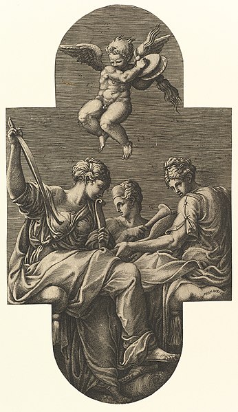 File:Three Muses and a Putto with Cymbals, from a series of eight compositions after Francesco Primaticcio's designs for the ceiling of the Ulysses Gallery (destroyed 1738-39) at Fontainebleau MET DP821339.jpg