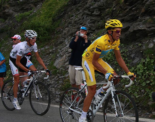 Andy Schleck wearing the white jersey and Alberto Contador wearing the yellow jersey during the Tour