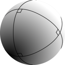 Trekant dannet af tre store cirkler på overfladen af ​​en kugle, der krydser to og to vinkelret.