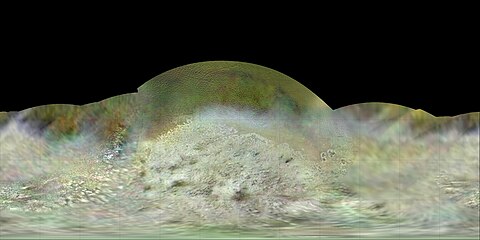 Enhanced-color map of Triton. The black areas represent regions which were not mapped by Voyager 2