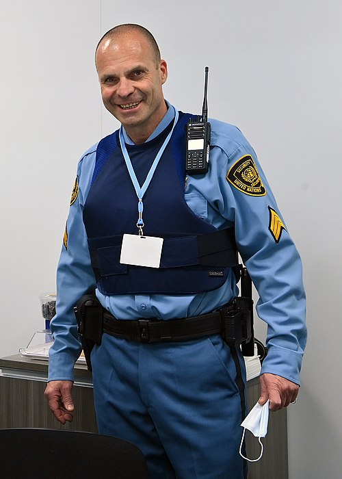 A United Nations security guard at the SEC Centre in Glasgow, Scotland during COP26