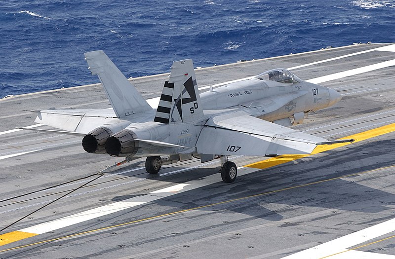 File:US Navy 030724-N-2700B-005 An F-A-18 Hornet from the Salty Dogs of Air Test and Evaluation Squadron Two Three (VX-23), makes the first trap.jpg