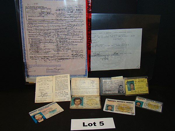 Kaczynski's birth certificate and several of his driver's licenses