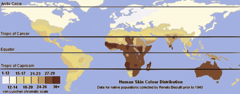 A map of human skin color distribution.[29] The color is based on von Luschan's chromatic scale.