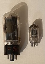 Miniature tube (right) compared to the older octal style. Not including pins, the larger tube, a 5U4GB, is 93 mm high with a 35 mm diameter base, while the smaller, a 9-pin 12AX7, is 45 mm high, and 20.4 mm in diameter. Vacuum tubes octal, miniature.agr.jpg