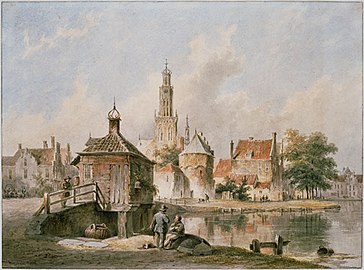 View of Haarlem with the Spaarne and the Bakenessekerk label QS:Len,"View of Haarlem with the Spaarne and the Bakenessekerk" label QS:Lnl,"Gezicht op Haarlem met het Spaarne en de Bakenessekerk" . between 1850 and 1875 date QS:P,+1850-00-00T00:00:00Z/7,P1319,+1850-00-00T00:00:00Z/9,P1326,+1875-00-00T00:00:00Z/9 . watercolor and ink on paper. 27 × 36.4 cm (10.6 × 14.3 in). Rijswijk, Rijksdienst voor het Cultureel Erfgoed.