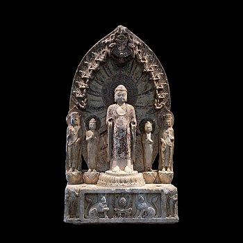 Buddhist votive altar with the historical Buddha in his "celestial body" surrounded by monks and bodhisattva, and on the obverse with Maitreya